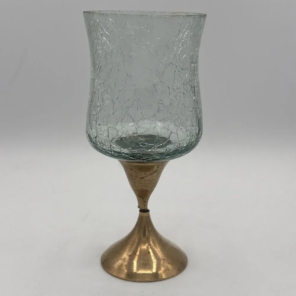 Vintage Brass Tea light/Votive Candle Holder Stand w Crackle Glass Globe